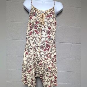 Boho floral ruffled flounce mini dress Rope lace up v neck Spaghetti strap MED
